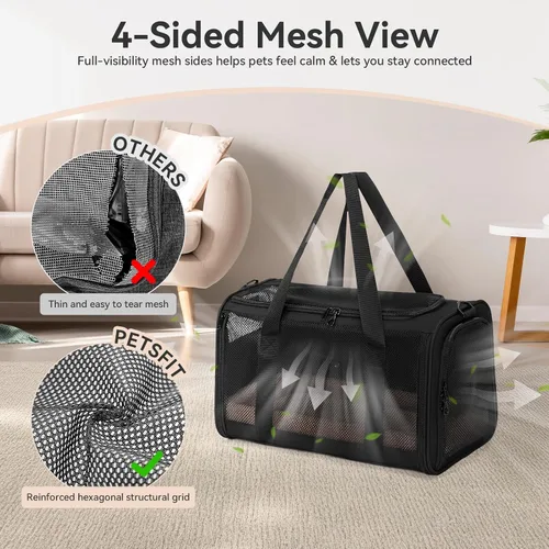 Miniatura 6 de PETSFIT Transportador de gatos de lados suaves con hebillas de seguridad patentadas, cremalleras bloqueables y correa de seguridad, transportador