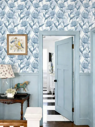Miniatura 6 de Marca Heroad Papel tapiz floral bohemio despegable y adhesivo de 16.1"x393", papel de contacto con flores azules para gabinetes, impermeable