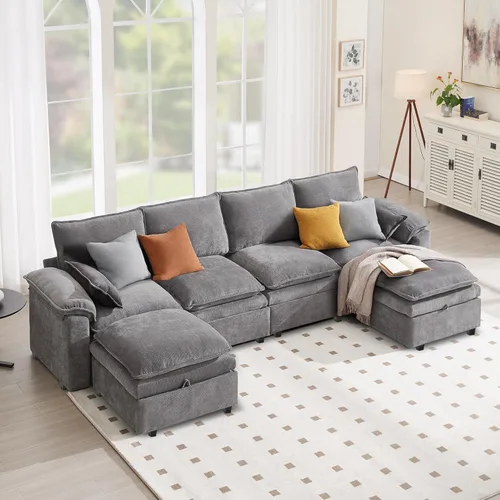 Miniatura 19 de Sofá Seccional Modular en Forma de L de 100", Sofá con Almacenamiento Otomano, Sofá Nube de Chenilla con Asientos Profundos y Mullidos para Sala