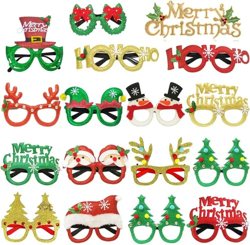 JAKADYUKS 16 lentes de Navidad, recuerdos de fiesta, adornos colgantes para árbol de Navidad, accesorios de cabina de fotos, decoraciones de fiesta