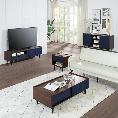 Miniatura 11 de Manhattan Comfort Duane Mesita de noche acanalada con cajón de extensión completa y estante abierto, patas de acero, mesita de noche, mesa de acento