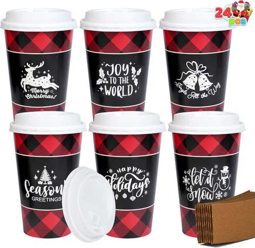 Miniatura 9 de JOYIN 24 piezas de vasos de papel desechables de Navidad, vasos de fiesta de Feliz Navidad de 16 oz con mangas y tapas, 4 diseños de vajilla