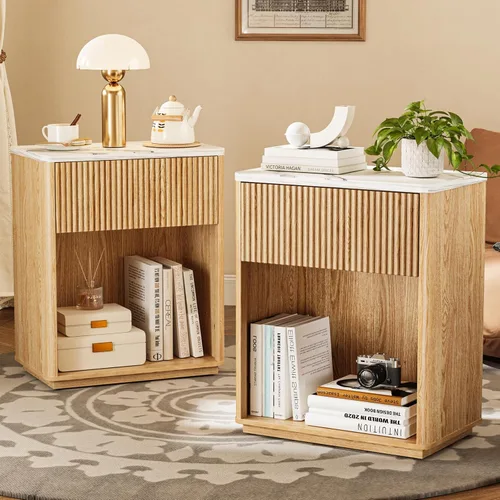 Juego de 2 mesitas de noche acanaladas modernas para dormitorio, juego de mesita de noche de mediados de siglo con parte superior y cajón de mármol,