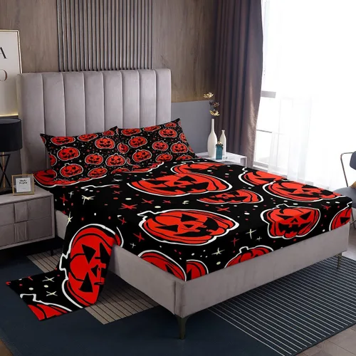 Miniatura 18 de Erosebridal Juego de sábanas de Halloween con diseño de fantasmas de dibujos animados, decoraciones de calabaza de Halloween, juego de sábanas