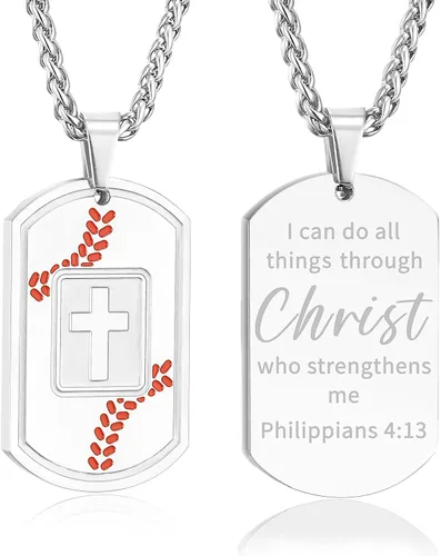 Miniatura 21 de Collar de cruz con versículo bíblico de béisbol, acero inoxidable, dije de cruz en tono negro/dorado/plateado, regalos religiosos, joyería deportiva