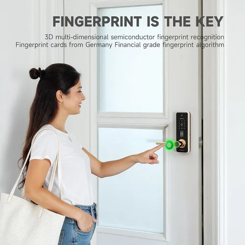 Miniatura 3 de Cerradura de puerta inteligente de huellas dactilares con asa, cerradura de entrada sin llave chapada en oro de alta calidad, teclado digital
