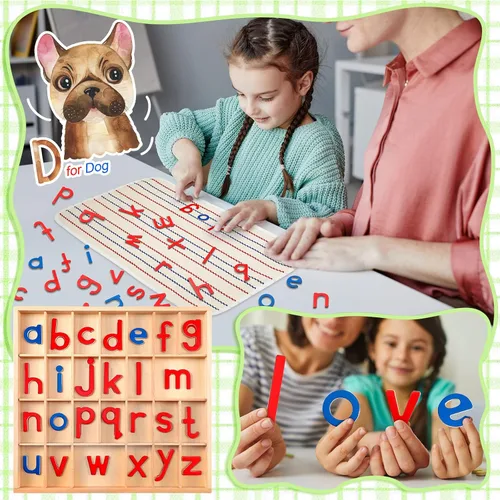 Miniatura 6 de Letras Montessori Letras móviles de madera con caja y tapete grande, letras pequeñas del alfabeto de madera, bandejas Montessori, ortografía