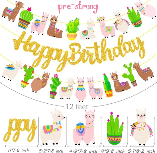 Miniatura 3 de Cartel de fiesta de cactus de llama, pancarta dorada para fiesta de cumpleaños, 3 unidades, decoraciones de cartón de alpaca para fiesta
