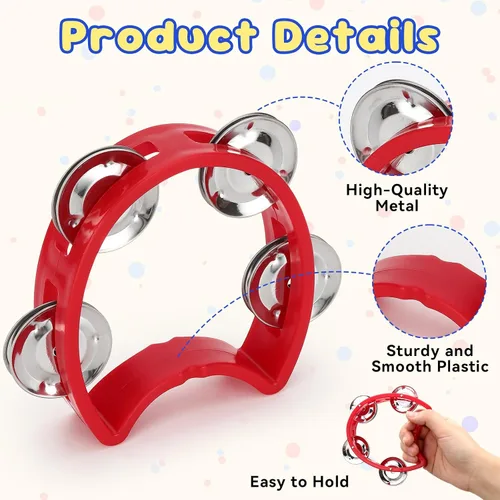 Miniatura 5 de Paquete de 4 panderetas de percusión de plástico, mini campanas de percusión con 4 cascabeles, instrumento musical de percusión de mano para adultos