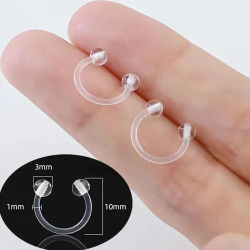 Miniatura 3 de Retenedores de oreja de aro de plástico unisex antialérgicos, anillos de nariz transparentes con dorso de bola de tornillo, para orejas sensibles