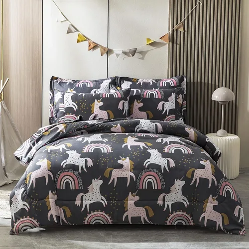 HollyHOME Juego de edredón de microfibra suave de unicornio y arco iris para adolescentes y niñas, juego de cama de 7 piezas en una bolsa, tamaño