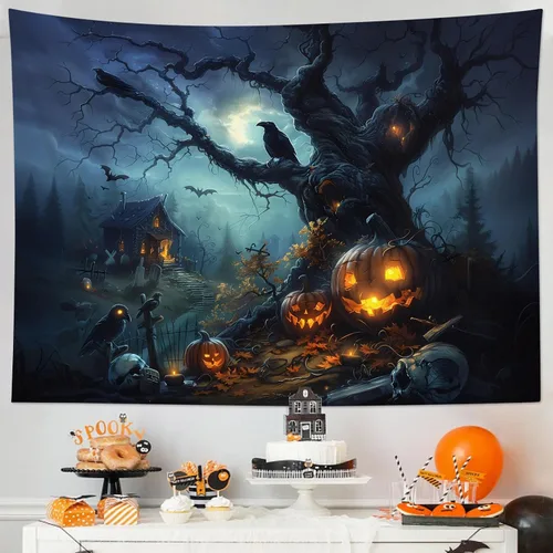 Miniatura 18 de HVEST Tapiz de Halloween para colgar en la pared, esqueleto de terror, cráneo, cementerio, calabaza, farol, bosque muerto, tapiz nocturno