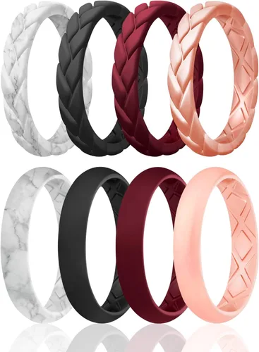 Miniatura 62 de Egnaro Anillos de boda de silicona para ella, conjuntos de novia de goma para mujer, bandas finas, diseño trenzado de hojas apilables con ranuras