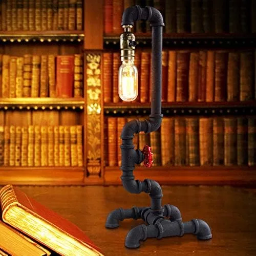Miniatura 3 de Lámparas de mesa retro vintage, lámpara de escritorio industrial steampunk de tubo de hierro de 20.87 x 7.87 pulgadas, con mango de válvula roja e