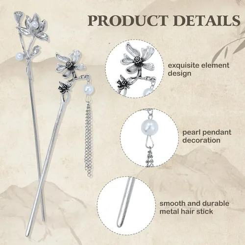 Miniatura 3 de inSowni 8 Piezas Palillos de Cabello Retro Vintage Asiáticos Chinos Tradicionales Hanfu de Metal Plateado con Colgantes de Cuentas de Perlas Flor