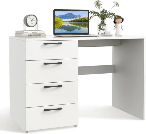 Giantex Escritorio blanco para computadora con 4 cajones grandes, escritorio para computadora portátil para oficina en casa, mesa de escritura,