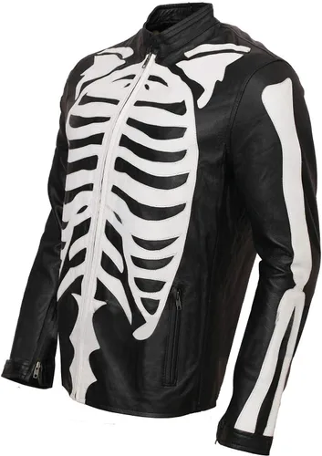 Miniatura 2 de Chaqueta de cuero negro de motociclista con diseño de esqueleto para hombre