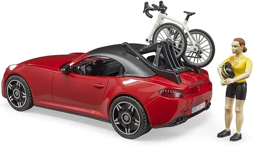 Miniatura 2 de Bruder Juguetes - Coche recreativo realista Roadster con soporte para bicicletas y bicicleta de carretera con figura de ciclista femenina, el techo