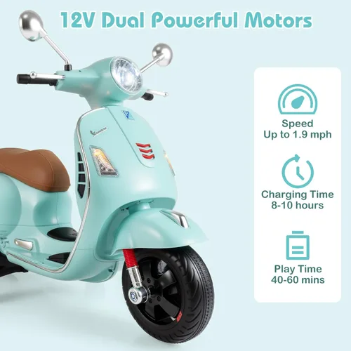 Miniatura 4 de OLAKIDS - Scooter Vespa con licencia para niños, motocicleta eléctrica de 12 V con ruedas de entrenamiento, luces LED, cuerno de modo historia Verde