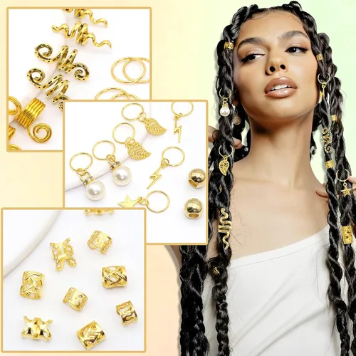 Miniatura 3 de 217 pulseras doradas para el cabello, para trenzas, cuentas de rastas de metal, joyería de perlas Loc, accesorios para trenzas, decoración