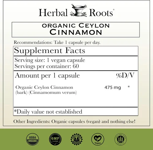 Miniatura 2 de Herbal Roots Cápsulas orgánicas de canela de Ceilán Certificado USDA Orgánico - Sin OMG 60 cápsulas veganas orgánicas