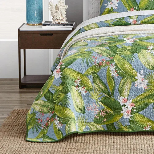 Miniatura 4 de Tommy Bahama Juego de edredón reversible de algodón con fundas a juego, decoración ligera del hogar para todas las estaciones, Queen, verde/azul