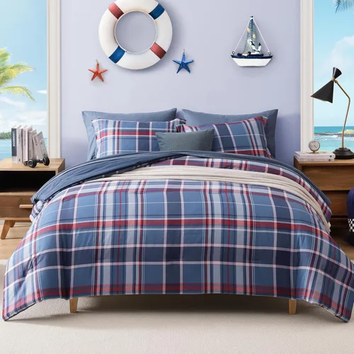 Miniatura 22 de AMBERSPACE Juego de edredón tamaño matrimonial, juego de ropa de cama a cuadros azul gris de 7 piezas para niños, niñas y adolescentes, juego