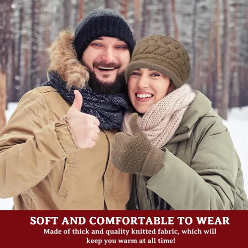 Miniatura 22 de SATINIOR Juego de 4 gorros y guantes de invierno para mujer, gorro de punto cálido, gorro de esquí de nieve con visera y guante para pantalla rojo