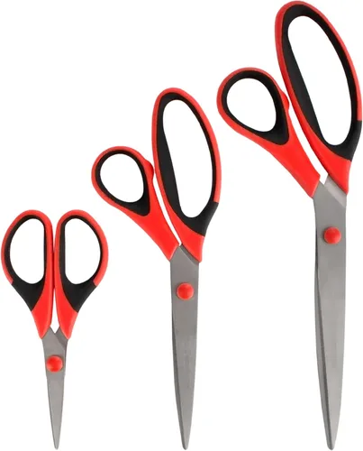 BambooMN Juego de tijeras de titanio Softgrip para costura, arte, manualidades, oficina, 1 juego de 3 unidades, rojo con incrustaciones negras 3