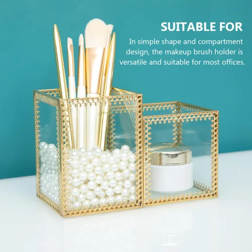 Miniatura 5 de ULTECHNOVO Two-compartment Glass Makeup Brush Holder Cosmetic Storage Organizer with Lace Design for Vanity Desk and Jewelry Display