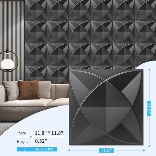 Miniatura 3 de Art3d Paneles decorativos texturizados de PVC 3D para decoración de paredes interiores en sala de estar, dormitorio en negro, paquete de 33