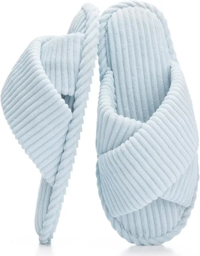 Miniatura 18 de GOEWY - Pantuflas para mujer con espuma viscoelástica para el hogar, con entretejido de pana, tiras cruzadas, con punta abierta, sandalias cómodas
