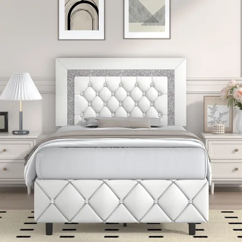 Miniatura 9 de Base de cama individual, plataforma de piel sintética con cabecera tapizada de diamante, base de colchón con fuerte soporte de listones de madera