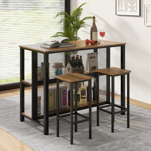 Miniatura 9 de COSTWAY Unidad de bar para el hogar, mesa de bar de 3 niveles con estantes de almacenamiento, marco de metal, almohadillas ajustables para los pies