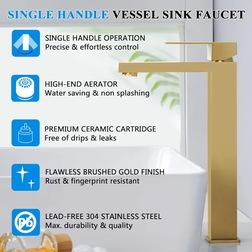 Miniatura 4 de Tohlar Grifo de lavabo dorado, grifos de baño altos para fregaderos de buque, dorado cepillado, moderno, mango único, 1 agujero, grifo de tocador