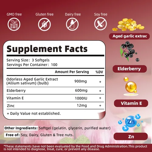 Miniatura 9 de Extracto de ajo añejo: 2 años de suplementos de ajo fermentado 4 en 1 sin olor con saúco, vitamina E y zinc para apoyo cardíaco e inmunológico