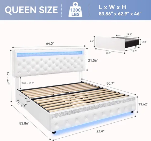 Miniatura 2 de Torana Marco de Cama LED Queen con 2 Cajones, Camas de Plataforma Tapizadas en Terciopelo con Cabecera de Almacenamiento Ajustable, Marco de Cama
