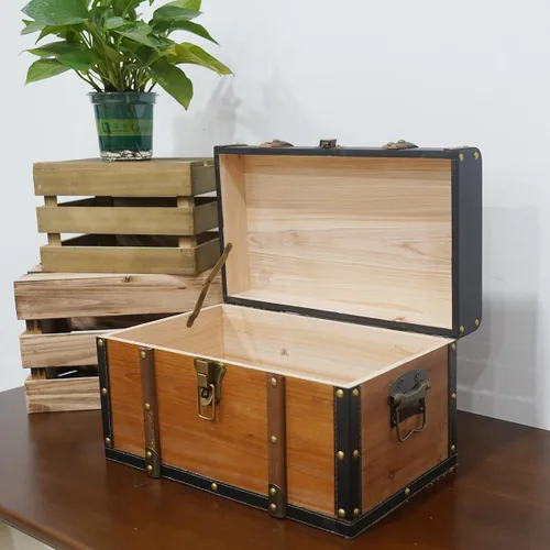 Cofre del tesoro vintage de madera y cuero, accesorios decorativos y caja de almacenamiento de regalo (15.74 x 9.05 x 9.05 pulgadas)