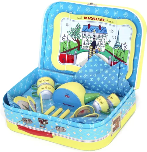 Miniatura 3 de YOTTOY Madeline Collection - Juego de té de lata para niños de 23 piezas con ilustraciones, monogramas, estuche de transporte Juego de té Madeline