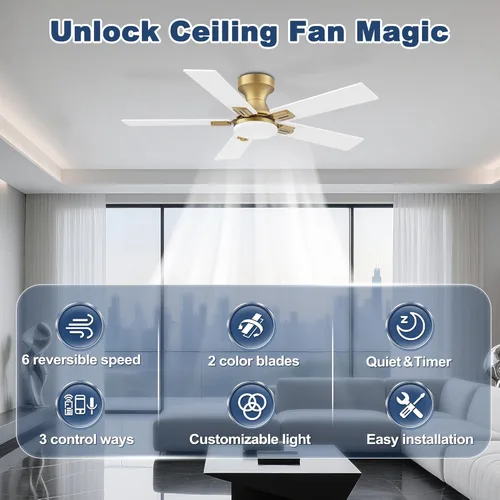 Miniatura 2 de Ventilador de techo inteligente de perfil bajo de 42 pulgadas con luces y control remoto, motor DC silencioso, control de voz WiFi a través de Oro