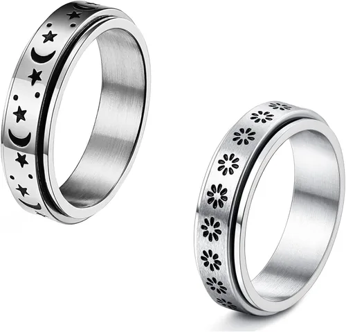 DRUTORE Anillos de acero inoxidable para mujeres y hombres, anillos de ansiedad con flores de luna, estrellas y flores, antiestrés, anillos para