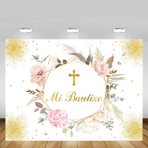 Miniatura 5 de MEHOFOND Mi Bautizo - Telón de fondo dorado con texto en inglés «Bless Mexican Bautismo» para niña, decoración de fiesta de primera comunión