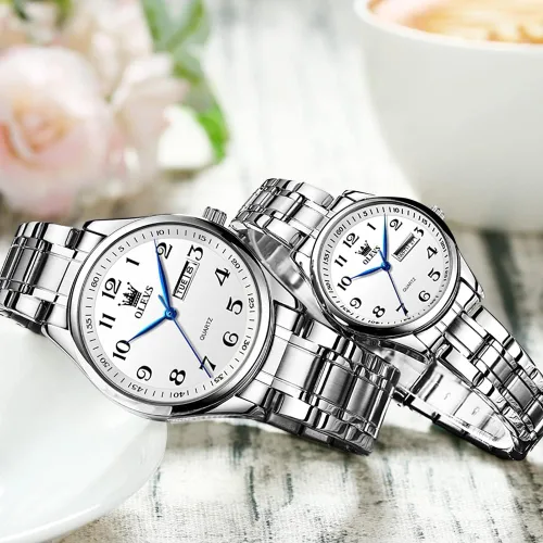 Miniatura 60 de OLEVS Juego de 2 relojes de cuarzo para parejas de San Valentín, calendario luminoso, ventana de fecha, 3 ATM, impermeable, casual, acero