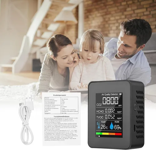 Miniatura 3 de LANRU Monitor portátil de calidad del aire Detector de CO2 para interiores, 5 en 1, formaldehído HCHO TVOC, probador LCD de temperatura y humedad
