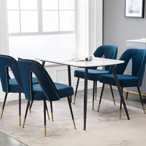 Miniatura 4 de Aoowow Juego de 2 sillas de comedor modernas, sillas laterales tapizadas de terciopelo con cabezas de clavos y patas de metal negro con punta Azul