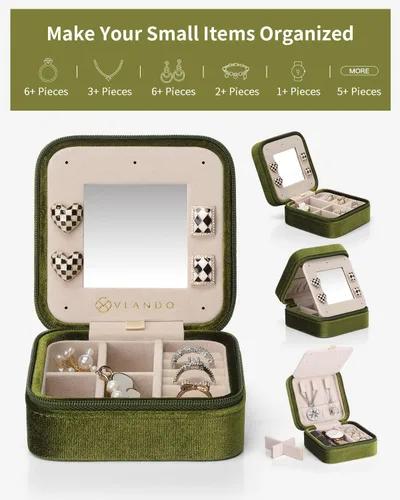 Miniatura 3 de Vlando Joyero de viaje de terciopelo afelpado, joyeros personalizados con iniciales para mujeres y niñas, mini organizador de viaje de joyería