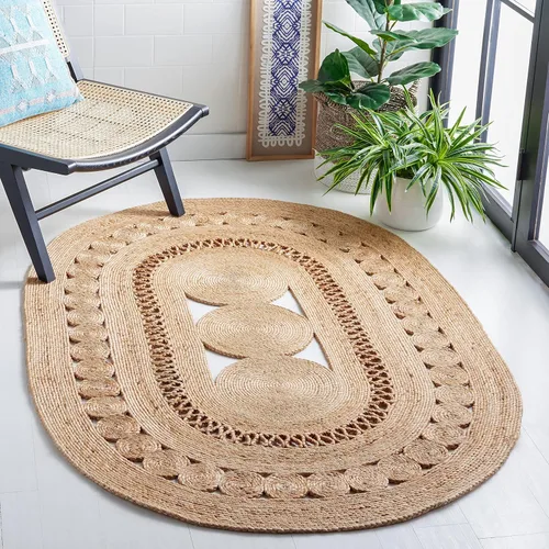 Miniatura 2 de SAFAVIEH NFB264A - Alfombra ovalada de 6 x 9 pies, natural, hecha a mano, estilo bohemio, casa de campo de yute, ideal para zonas de alto tráfico