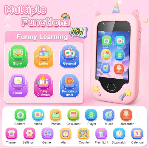 Miniatura 2 de Teléfono inteligente para niños, regalo de cumpleaños de Navidad para niños de 3 a 10 años, pantalla táctil, juguete con cámaras, aprendizaje, rosa01