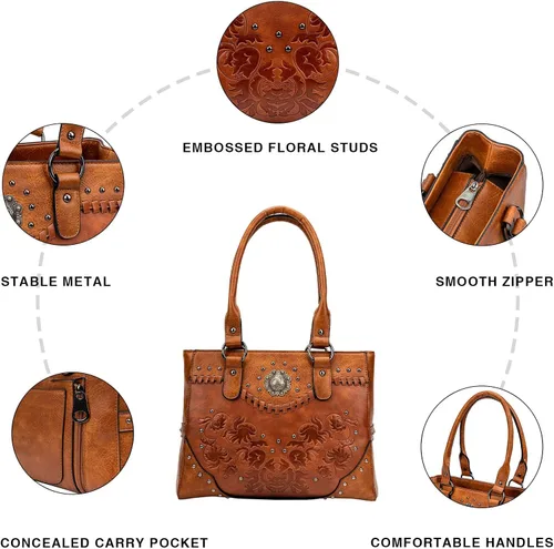Miniatura 5 de Bolso de mano para mujer, bolso grande del oeste, bolso de hombro con asa superior, estilo vintage en relieve, tachuelas