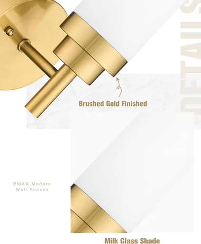 Miniatura 3 de Emak Apliques de Pared Juego de 2, Aplique de Pared Moderno de Baño Dorado Cepillado con Pantalla de Vidrio Esmerilado para Baño, Dormitorio, Sala